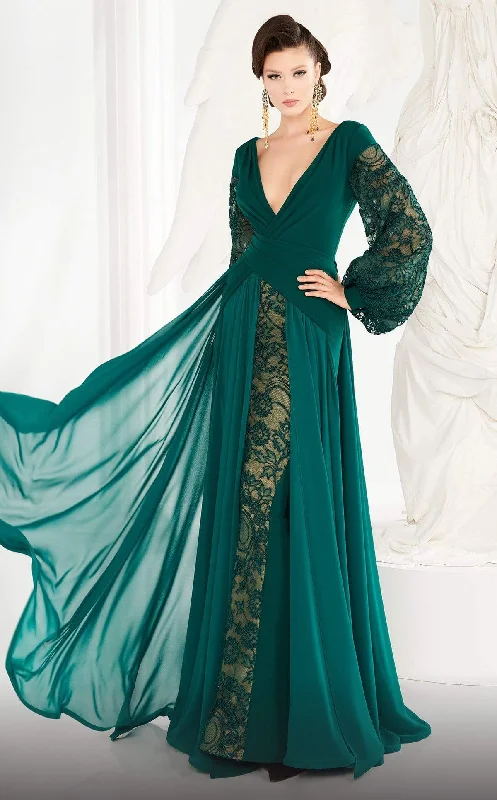 Formal Dress for Film PremieresMNM Couture - 2551 Embroidered Lace Bishop Sleeve Surplice Gown