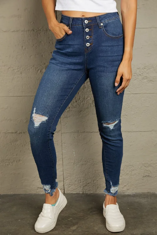 women's denim jeans with distressed back pocketsBaeful Distressed Button Fly Skinny Jeans