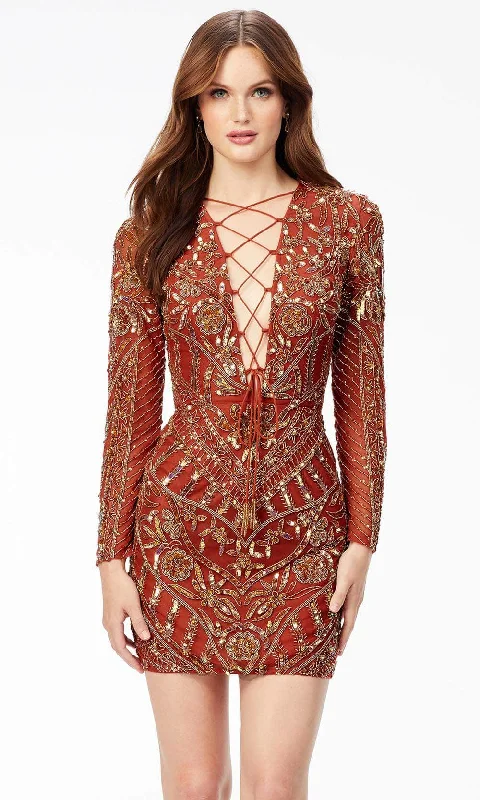 Flowery Long Sleeves Smock DressAshley Lauren 4511 - Long Sleeve Lac-Up Bustier Sequin Cocktail Dress