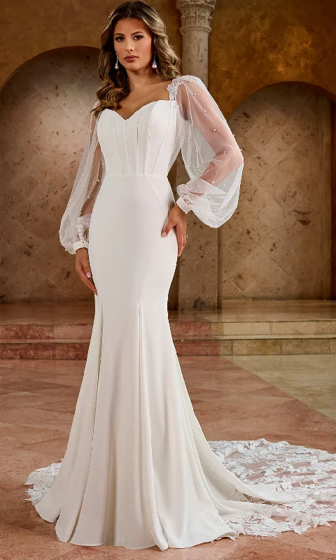 Formal Dress for Emmy AwardsRachel Allan RB5061 - Pearl-Accented Bishop Sleeve Bridal Gown