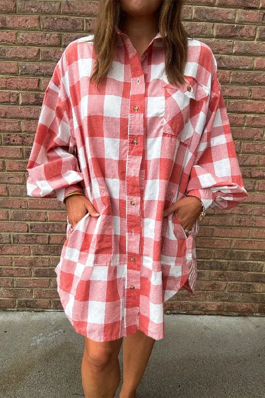 Fun Long Sleeves DressPink Plaid Oversized Raw Hem Long Sleeve Dress