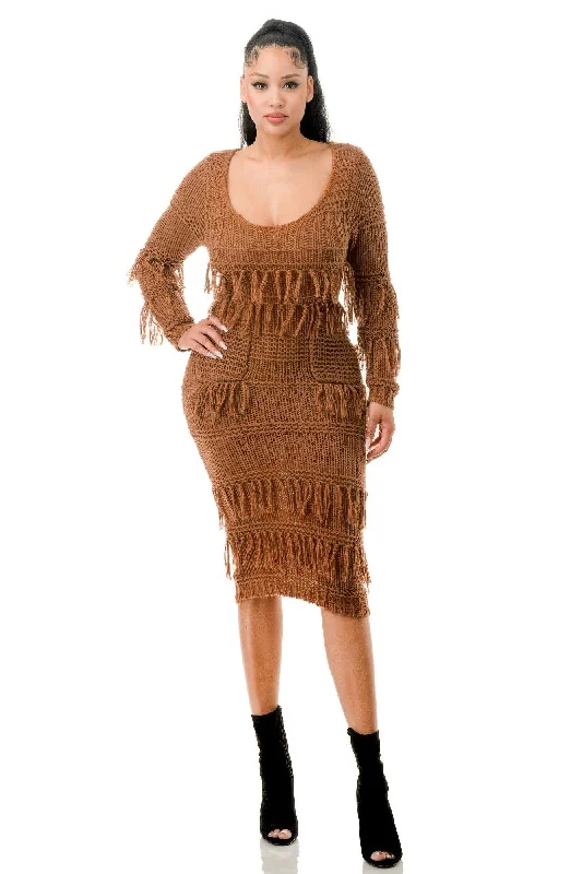 Fashionista Long Sleeves DressKnit Long Sleeve Fringe Dress