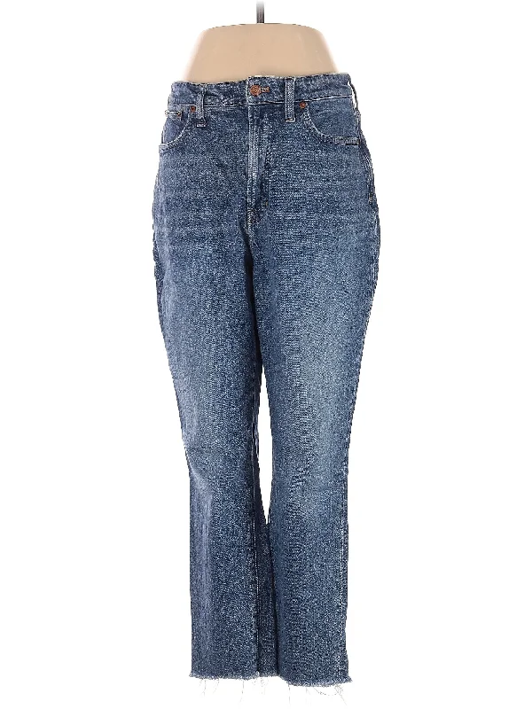 women's denim jeans with distressed hemsHigh-Rise Bootleg Jeans in Medium Wash