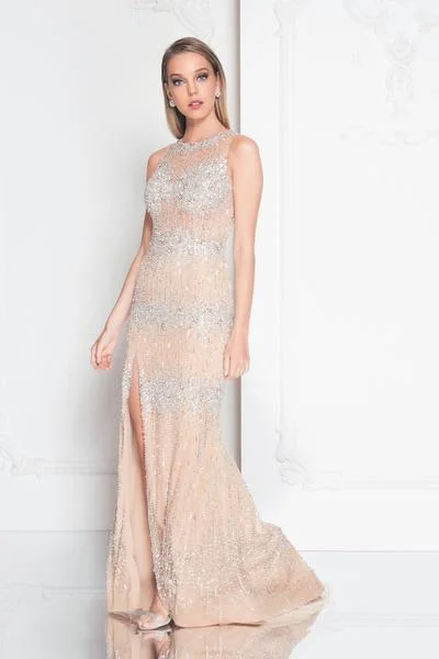 Formal Dress for Day WeddingsTerani Couture - 1812P5351 Beaded Nude Illusion High Slit Column Gown