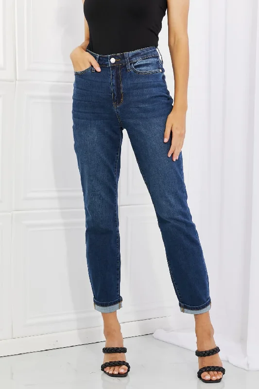 women's elastic waist denim jeansJudy Blue Crystal Full Size High Waisted Cuffed Boyfriend Jeans