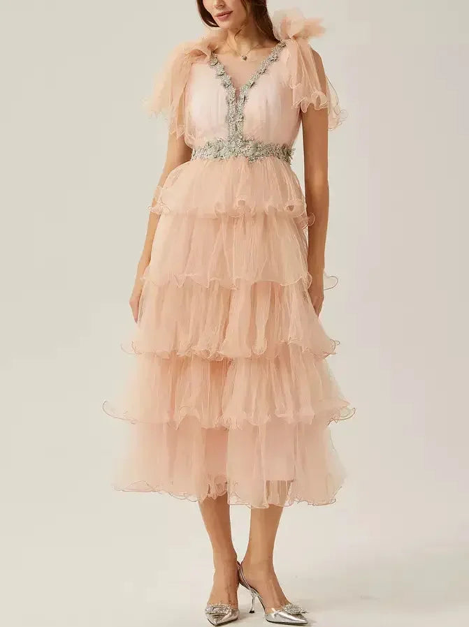 midi dresses with bow detailsCrystal-Embellished V-Neck Tiered Tulle Midi Dress in Pink