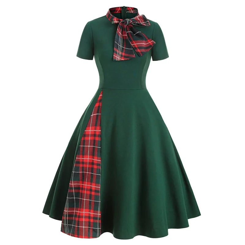 plus-size formal midi dressesDressBetty - Plaid Patchwork Bow Collar Zipper Short Sleeve Vintage Christmas Costume Retro Office Party Midi Dress