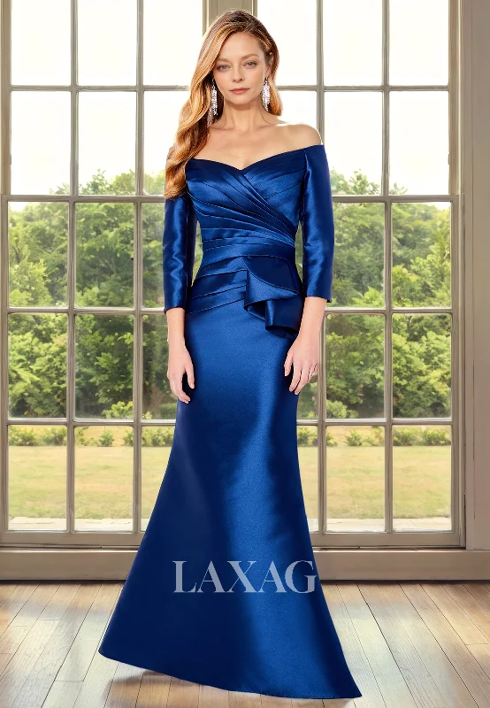 eco-friendly wedding dressesOff Shoulder Long Sleeves Sleek Satin Mermaid Mother of the Bride Dress