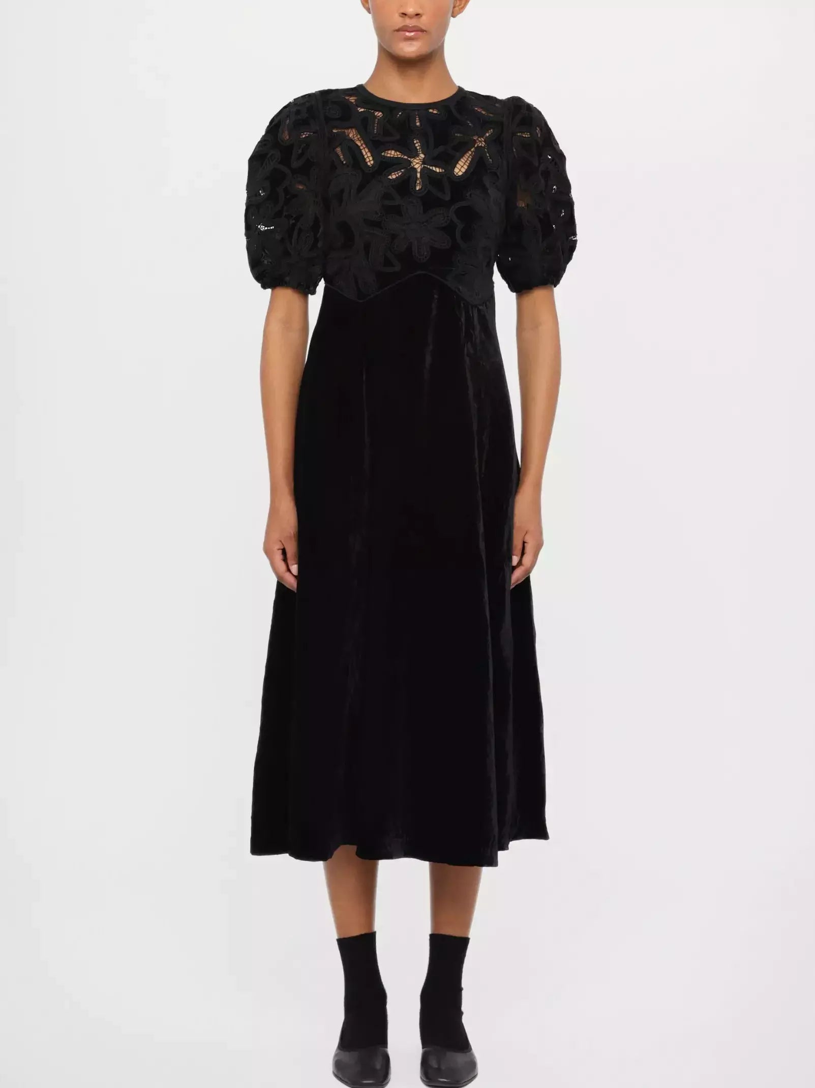 midi party dressesBlack Lace-Trimmed Embroidered Velvet Midi Dress