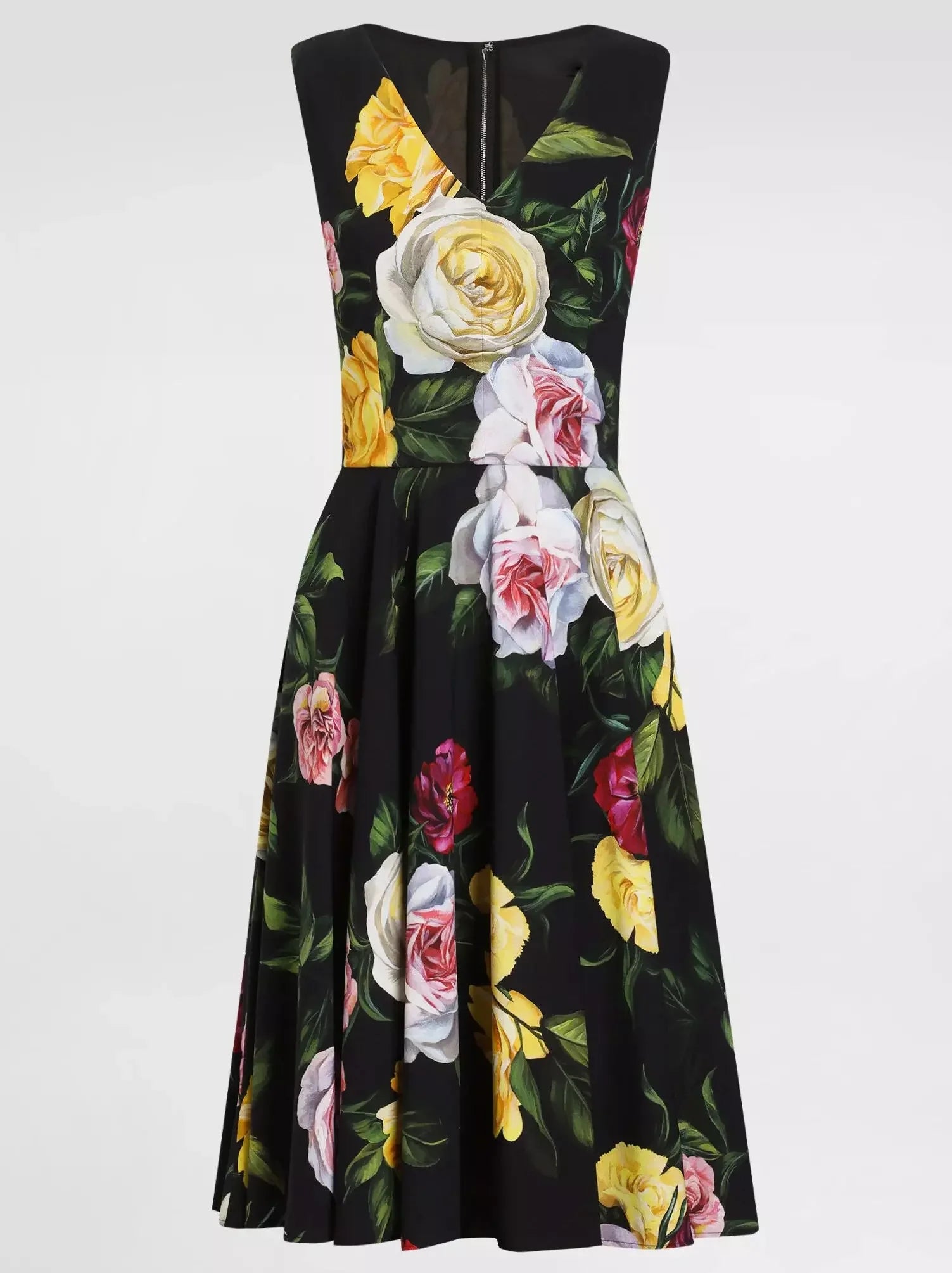 satin midi dressesMulticolored Rose Print V-Neck Midi Dress in Black