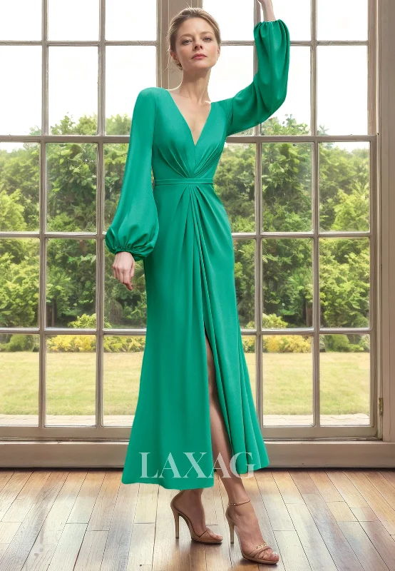 simple wedding dressesV-Neck Long Sleeves Sleek Satin Elegant Mother of the Bride Dress with Slit