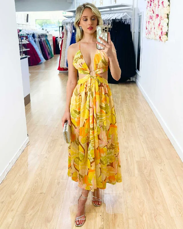 midi dresses for curvesNina Chiffon Midi Dress - Yellow Floral