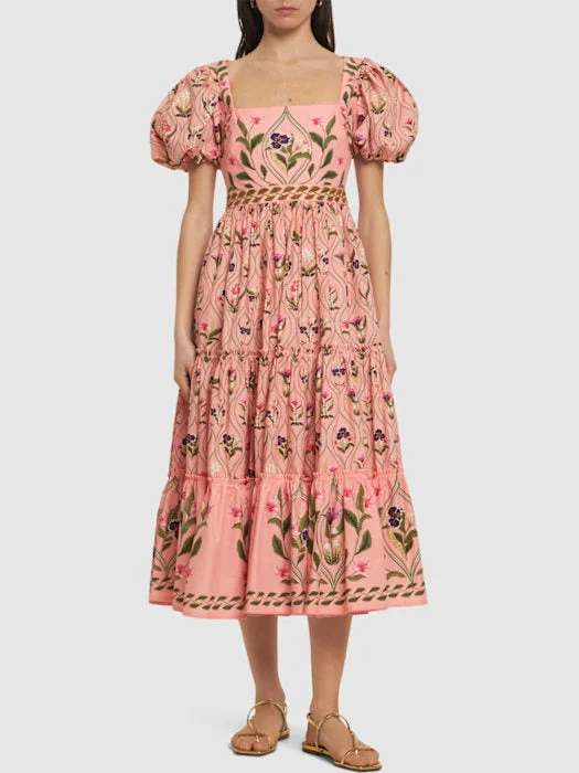 midi dresses with spaghetti strapsFloral-Print Puff-Sleeve Midi Dress in Pink