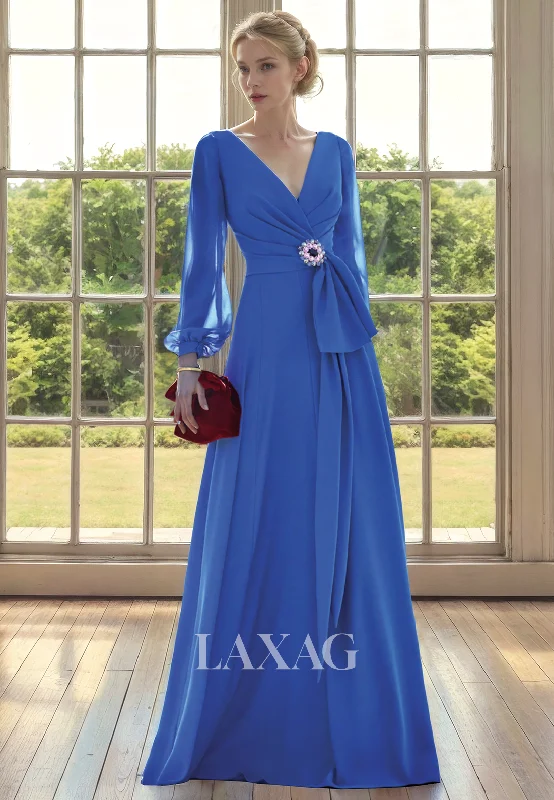 garden wedding dressesA-Line V-Neck Long Sleeves Beaded Elegant Mother of the Bride Dress