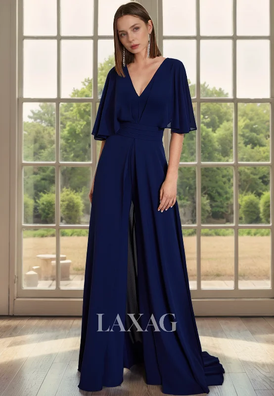 glamorous bohemian wedding dressesV-Neck Half Sleeves PantSuit Chiffon Mother of the Bride Dress with Train