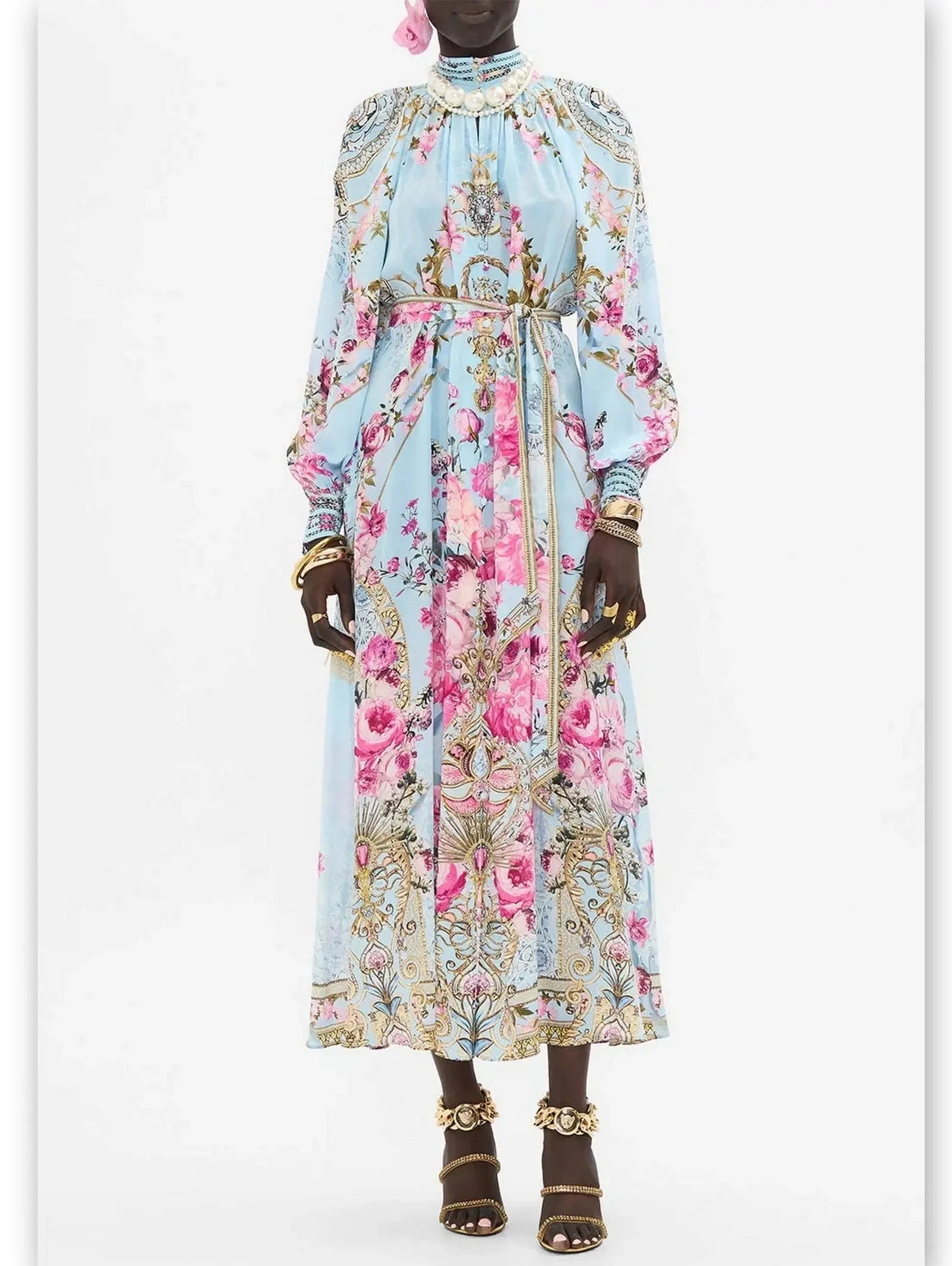 midi dresses for autumnFloral Garden Printed Silk Light Blue Midi Dress