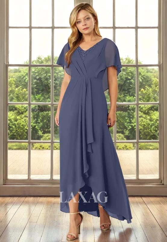 minimalist wedding dressesA-Line V-Neck Short Sleeves Chiffon Elegant Mother of the Bride Dress