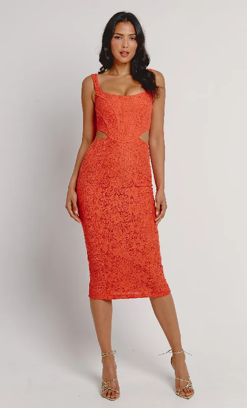 everyday midi dressesOrange Lace Corset Midi Dress