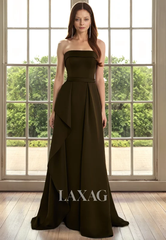 modern wedding dressesA-Line Strapless Sleek Satin Elegant Mother of the Bride Dress with Train