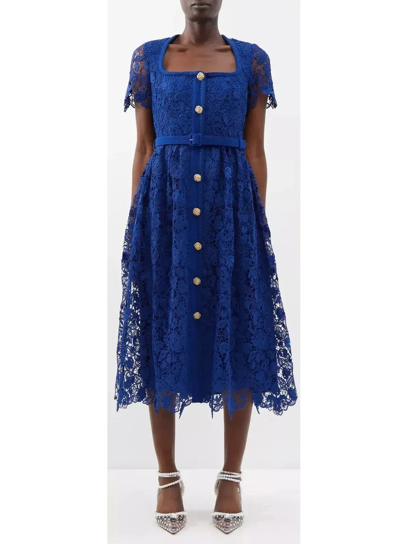 cotton blend midi dressesBelted Guipure-Lace Midi Dress, Blue