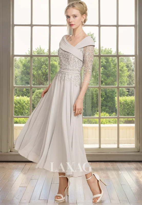 wedding dress with trainA-Line V-Neck Quarter Sleeves Lace Appliques Mother of the Bride Dress