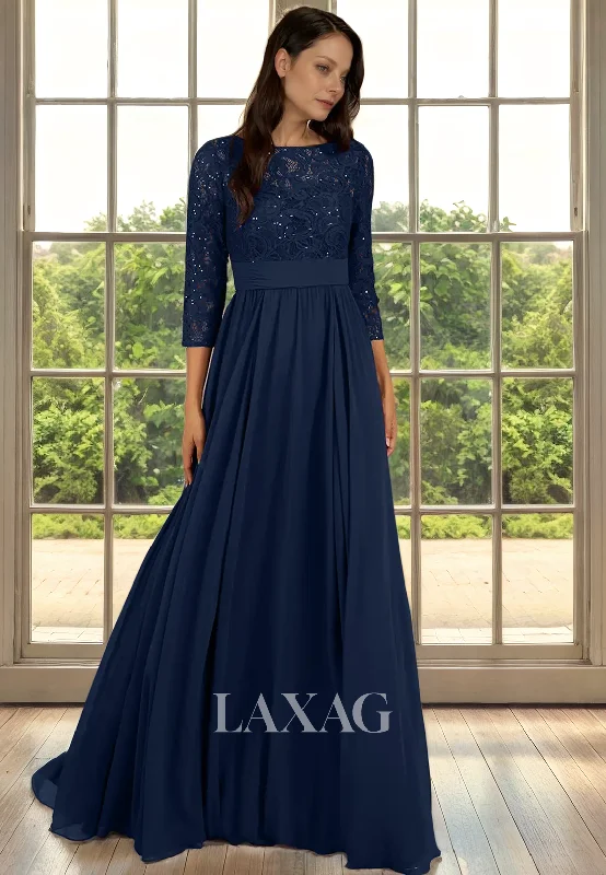 vintage wedding dressesA-Line Bateau Quarter Sleeves Lace Appliques Sleek Satin Mother of the Bride Dress