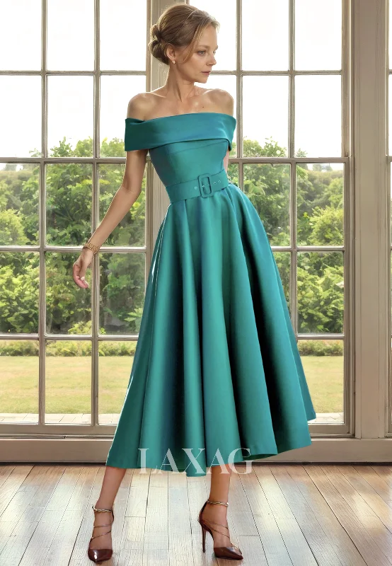 mother-of-the-groom wedding dressesA-Line Off Shoulder Empire Belt Sleek Satin Elegant Mother of the Bride Dress