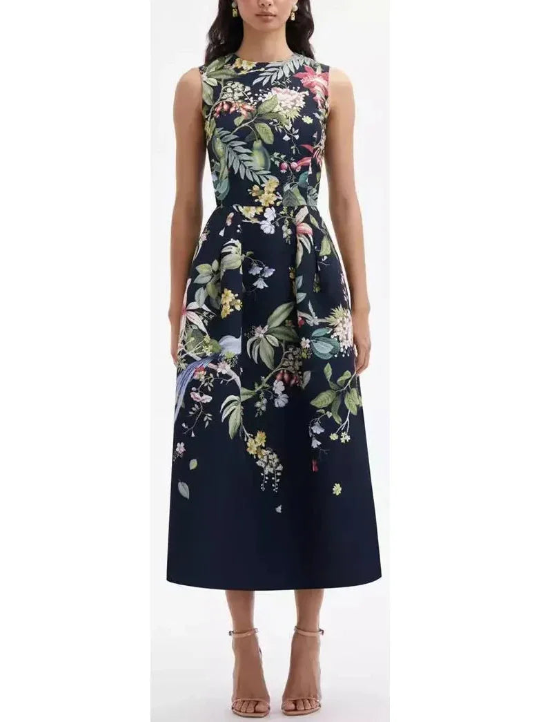 quick-dry midi dressesBotanical Garden Printed Sleeveless Midi Dress in Black and Multicolor