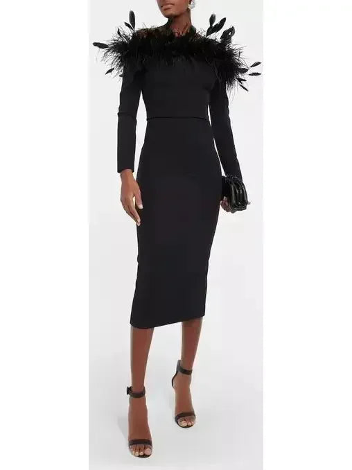 long-sleeved midi dressesFeather-Trimmed Midi Dress, Black