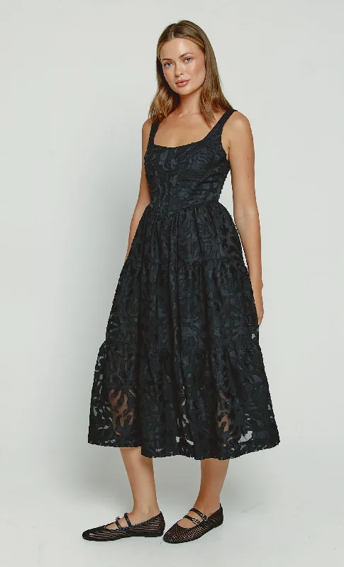 lace-trimmed midi dressesBlack Corset Tiered Lace Midi Dress