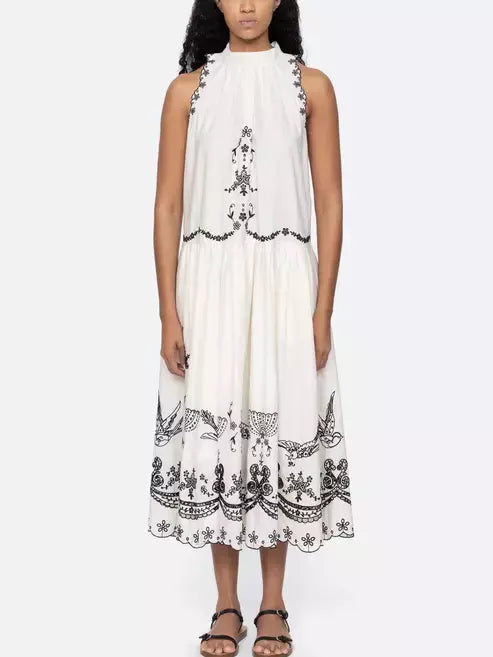 high-slit midi dressesEmbroidered Cotton Sleeveless Midi Dress in White