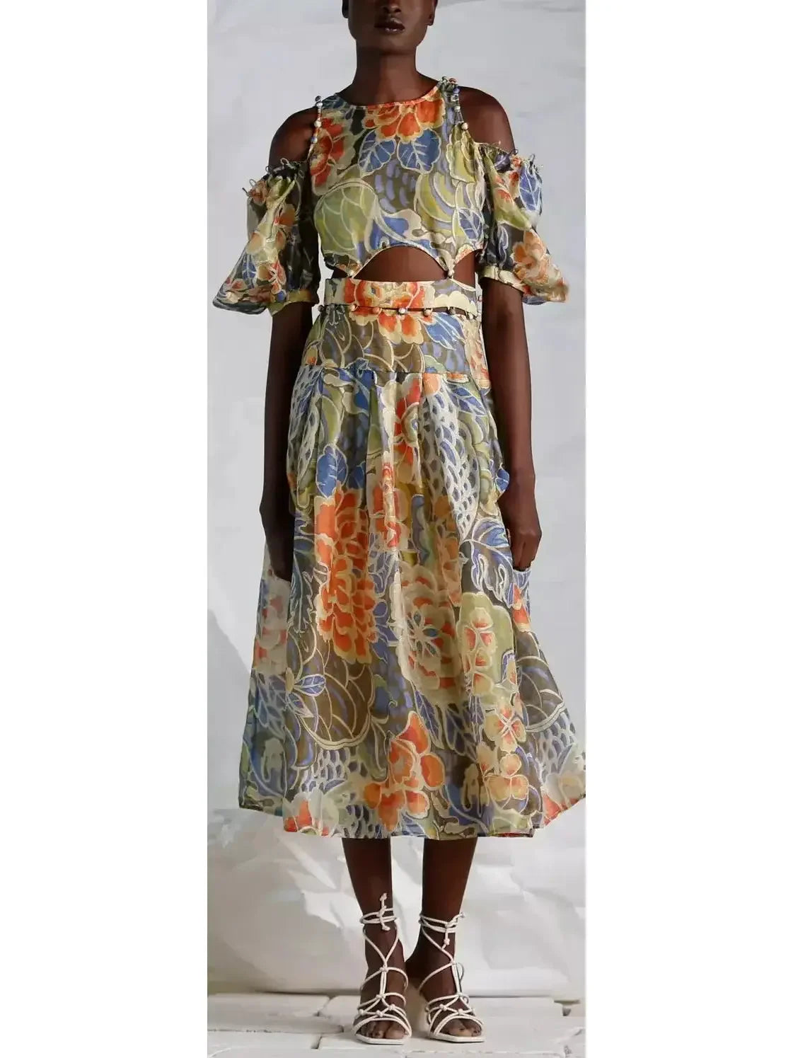 midi dresses with adjustable strapsFloral Print Silk and Linen Detachable Midi Dress