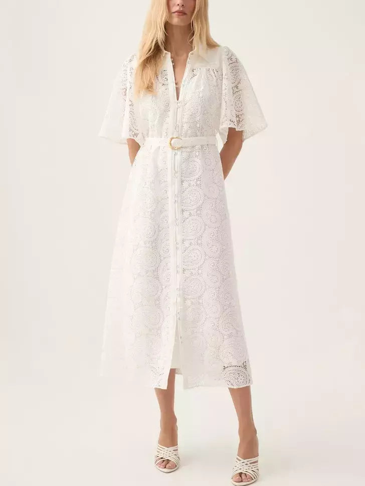 maxi-length midi dressesBelted Paisley Lace Ivory Midi Dress