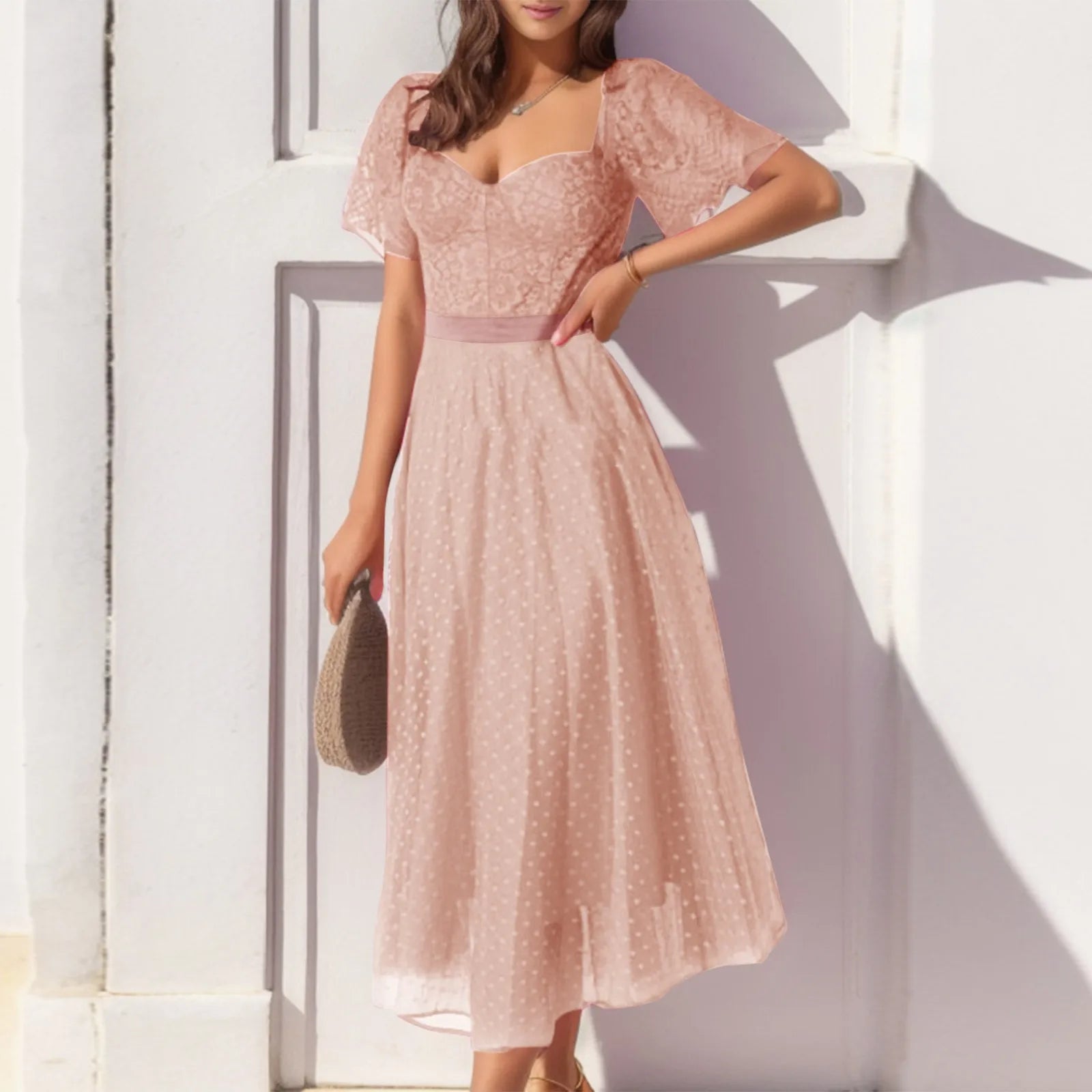 midi ball gown dressesDressBetty - 2024 High Waist Vintage Square Collar Tulle Long Summer Midi Dress