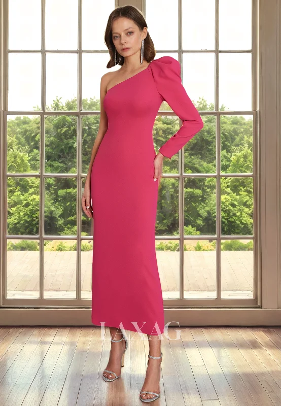 off-the-shoulder wedding dressesOne Shoulder Long Sleeves Sleek Satin Ankle-Length Mother of the Bride Dress