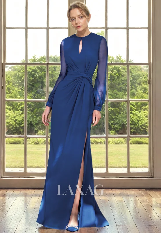 wedding dress with open backRound Long Sleeves Cutout Sleek Satin Mother of the Bride Dress with Slit