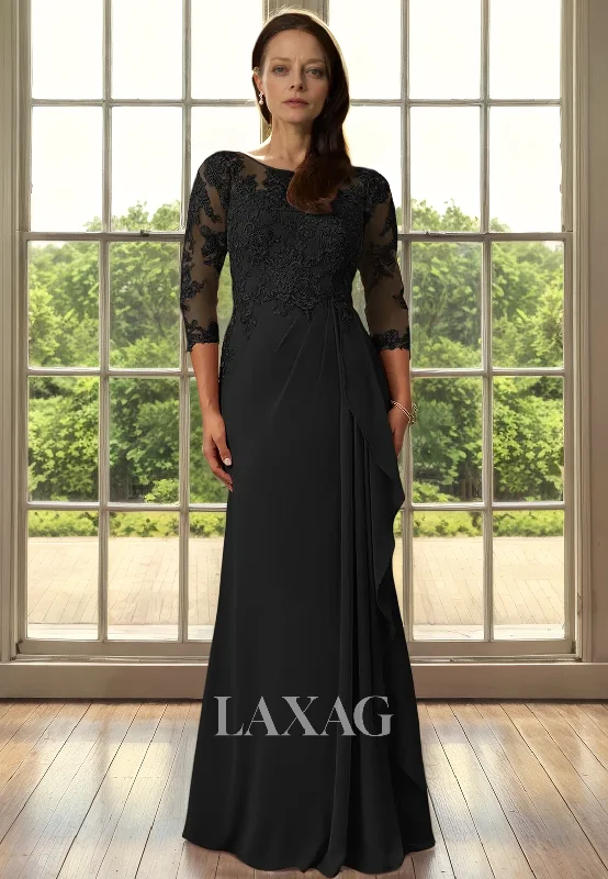 elegant wedding dressesA-Line Bateau Quarter Sleeves Lace Appliques Sleek Satin Mother of the Bride Dress