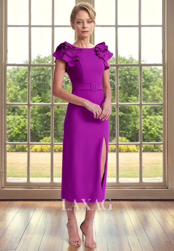 budget-friendly wedding dressesV-Neck Cap Sleeves Sleek Satin Ankle-Length Mother of the Bride Dress with Slit