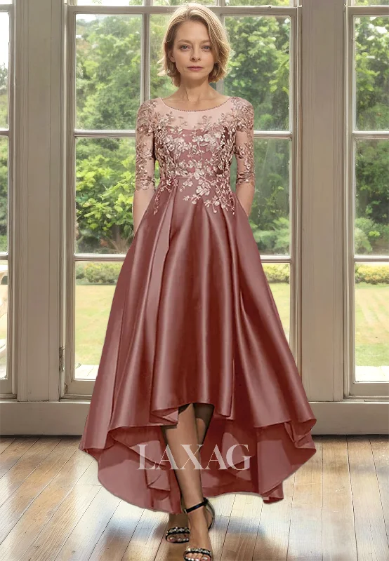 romantic wedding dressesScoop-Neck Half-Sleeves Applique Cocktail Dress High-Low Floor-Length A-Line Mother of the Bride Dress