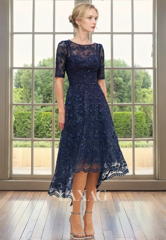 sample sale wedding dressesA-Line Round Short Sleeves Lace Appliques High-Low Mother of the Bride Dress