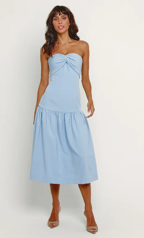 lightweight chiffon midi dressesBlue Drop Waist Strapless Bow Midi Dress