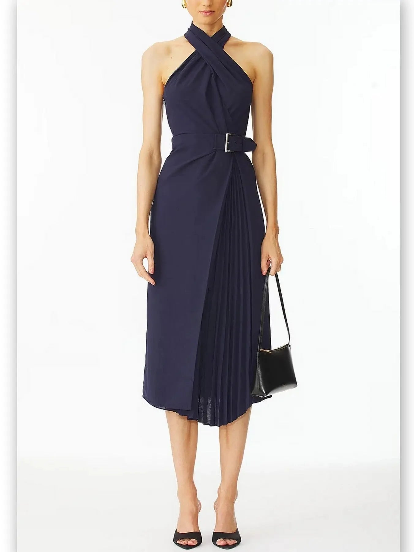 elegant evening midi dressesBelted Halter-Neck Pleated-Panel Midi Dress in Navy