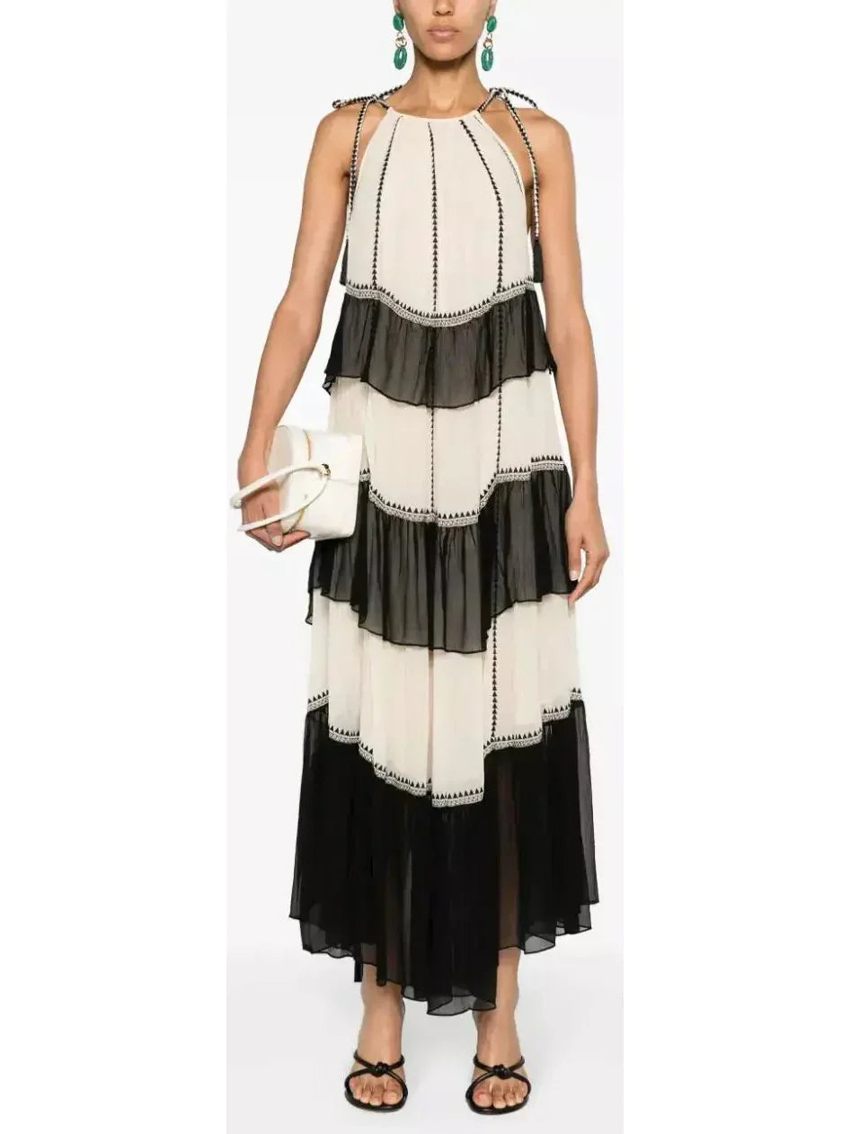 off-the-shoulder midi dressesBlack and White Ruffled Silk Halter-Neck Midi Dress