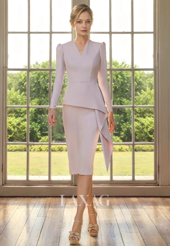 statement wedding dressesV-Neck Long Sleeves Sleek Satin Knee-Length Mother of the Bride Dress