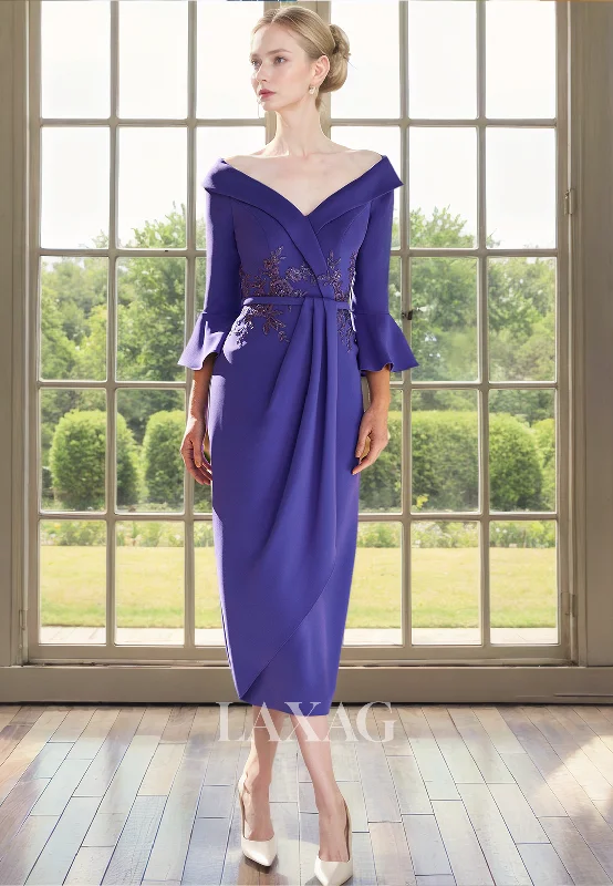 modern elegance wedding dressesOff Shoulder Quarter Sleeves Appliques Sequins Sleek Satin Mother of the Bride Dress