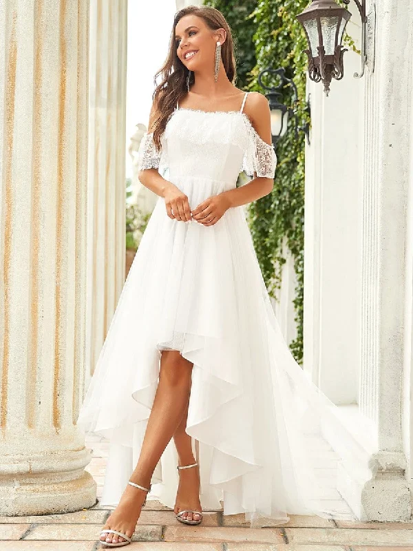 sleeveless wedding dressesCold Shoulder Spaghetti Straps High Low Lace Wedding Dress