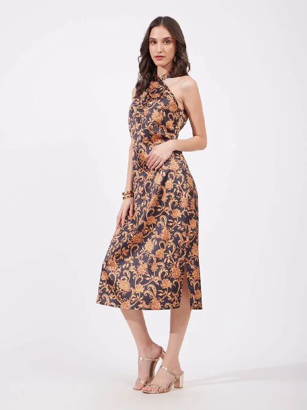 midi dresses with pockets and sleevesSatin Midi Floral Dress - Gold And Black