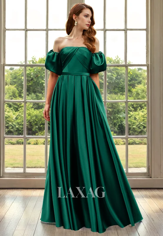 high-low wedding dressesA-Line Off Shoulder Pleated Sleek Satin Elegant Mother of the Bride Dress