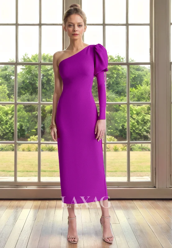 trendy wedding dressesOne Shoulder Long Sleeves Sleek Satin Elegant Mother of the Bride Dress