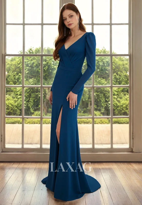 illusion sleeve wedding dressesV-Neck Long Sleeves Sleek Satin Mother of the Bride Dress with Slit and Train